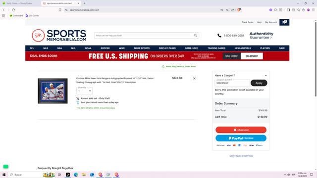 Sports Memorabilia checkout page showing Sports Memorabilia coupon code box | Screenshot taken by SimplyCodes community member on Aug 16, 2025