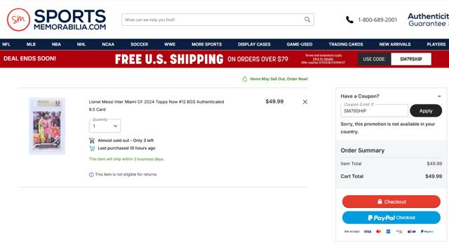 Sports Memorabilia checkout page showing Sports Memorabilia coupon code box | Screenshot taken by SimplyCodes community member on Sep 7, 2025