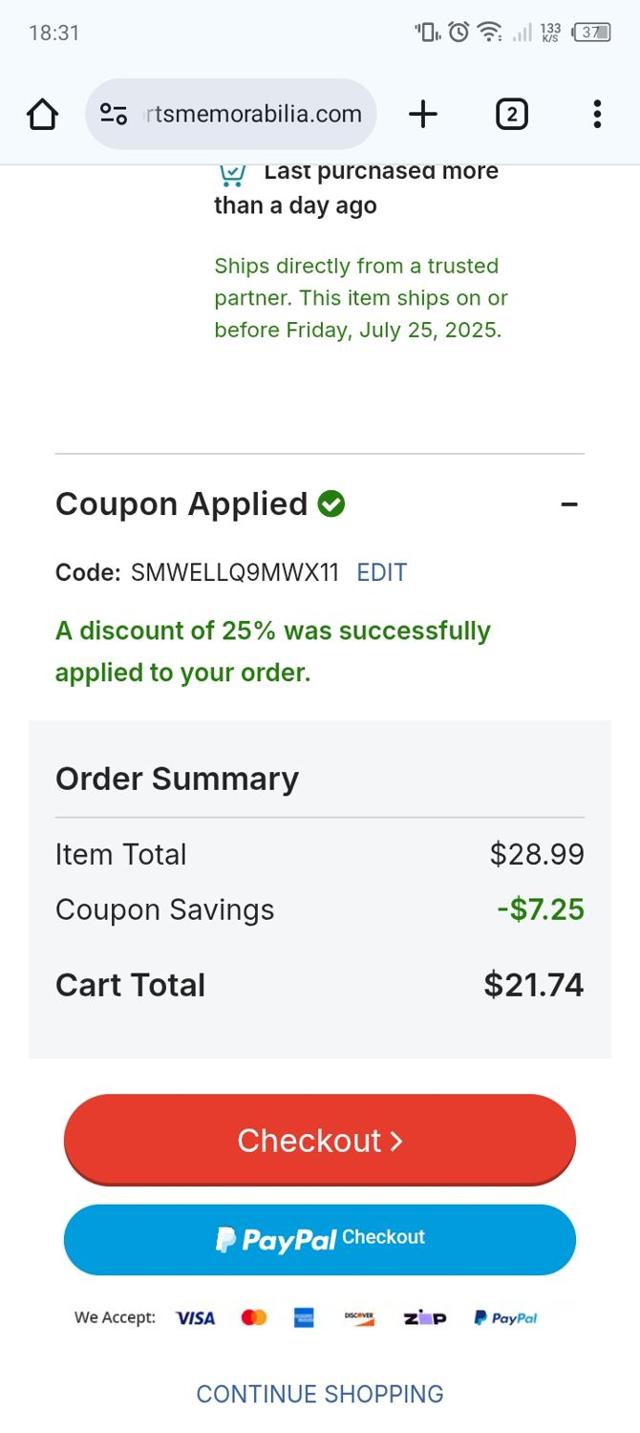 Sports Memorabilia checkout page showing Sports Memorabilia coupon code box | Screenshot taken by SimplyCodes community member on Jul 23, 2025