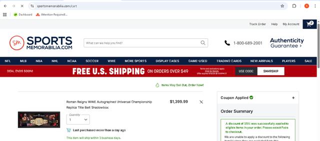 Sports Memorabilia checkout page showing Sports Memorabilia coupon code box | Screenshot taken by SimplyCodes community member on Sep 15, 2025