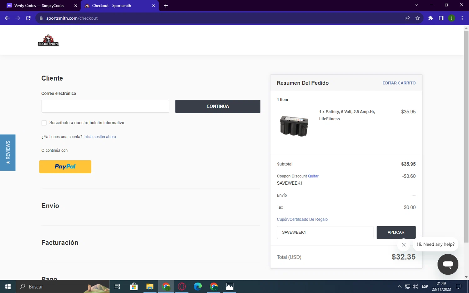 SportSmith checkout page showing SportSmith coupon code box | Screenshot taken by SimplyCodes community member on Nov 23, 2023