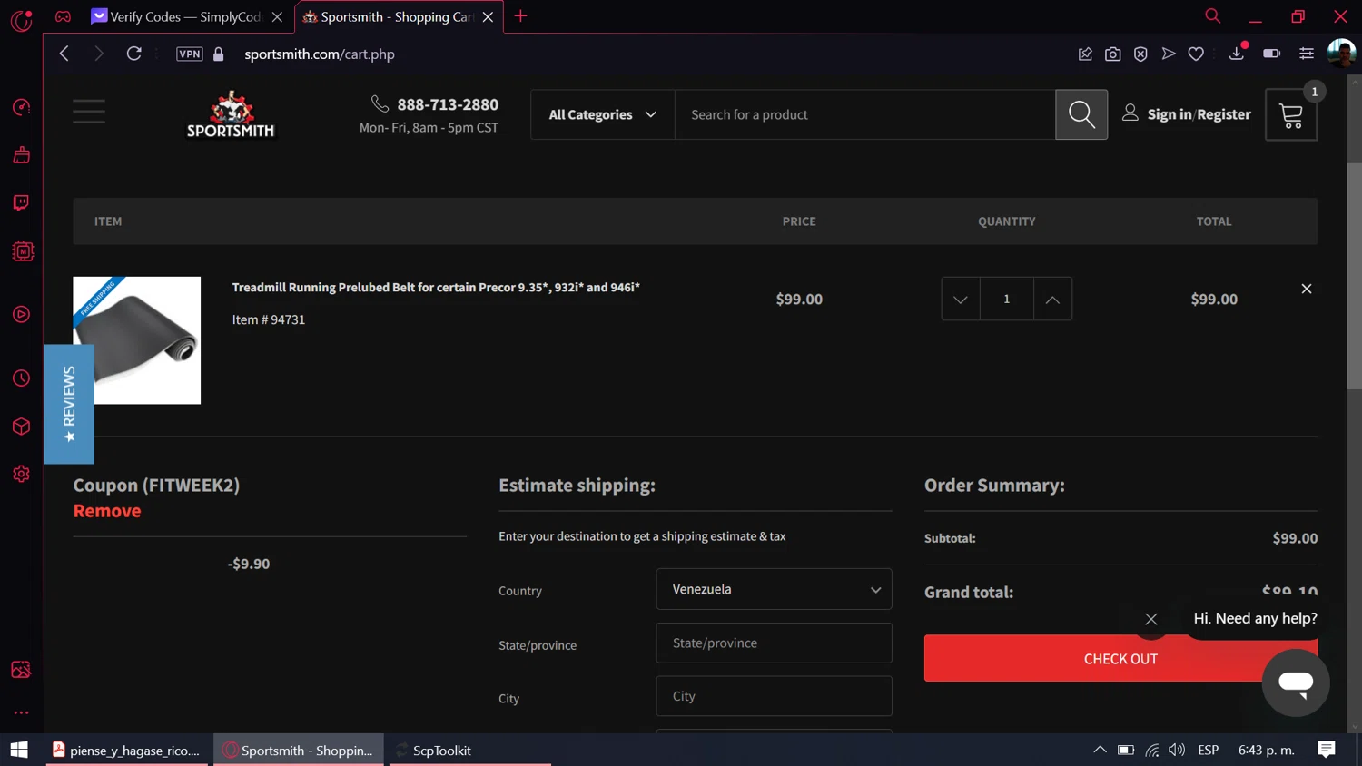 SportSmith checkout page showing SportSmith coupon code box | Screenshot taken by SimplyCodes community member on Nov 26, 2023