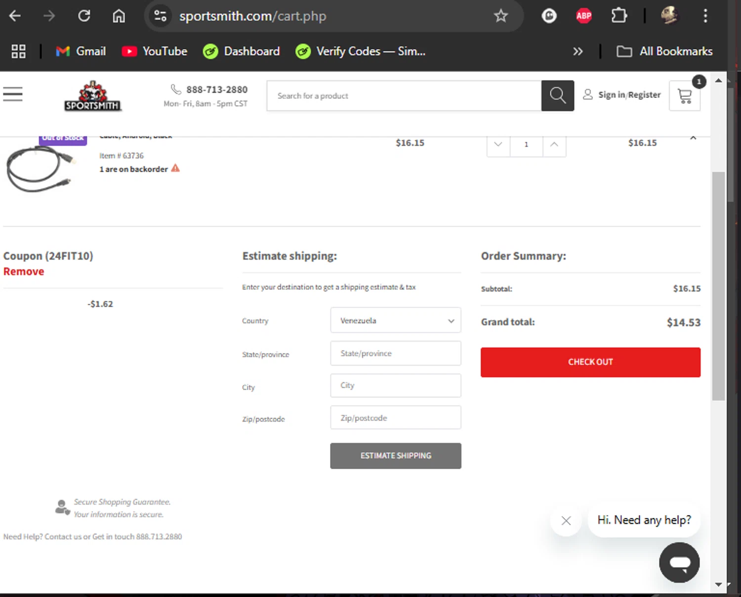 SportSmith checkout page showing SportSmith coupon code box | Screenshot taken by SimplyCodes community member on Nov 12, 2024