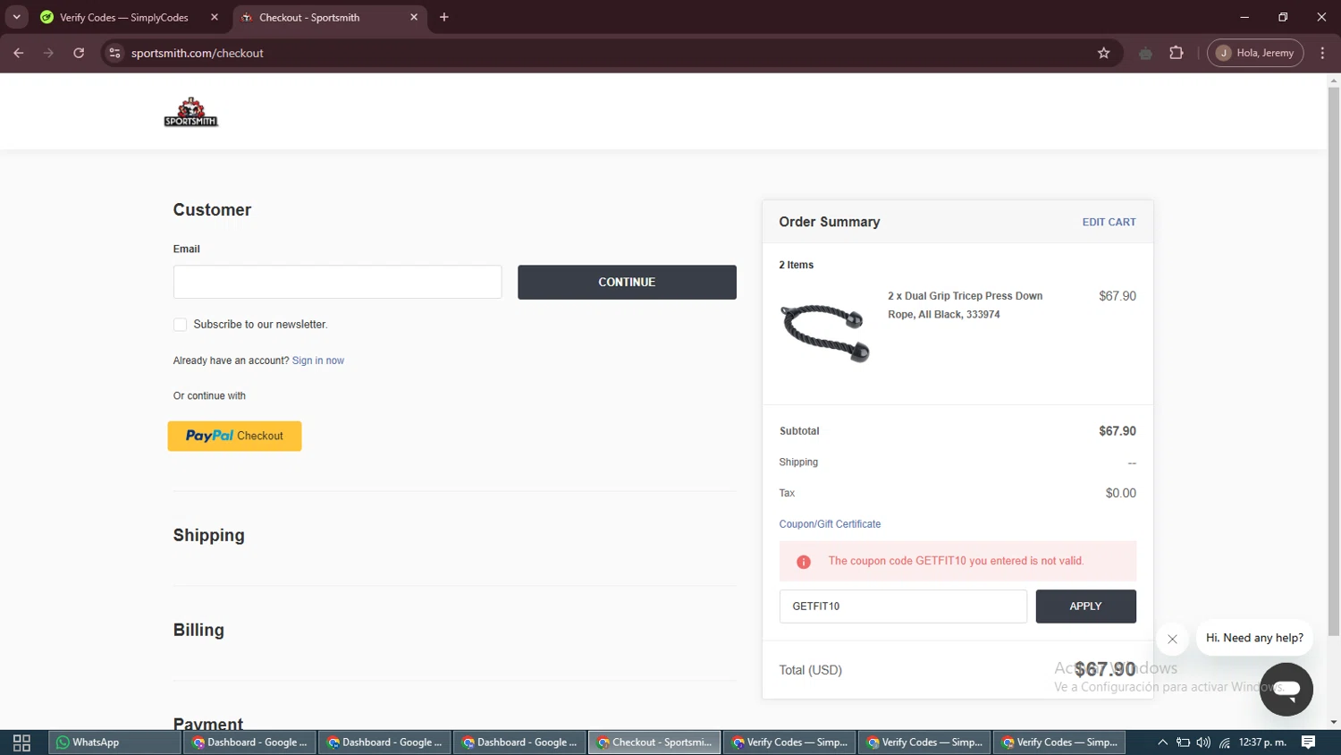 SportSmith coupon code screenshot showing code GETFIT10 applied at SportSmith checkout page. Uploaded by SimplyCodes community member ShrewdAdmiral5920 on Feb 1, 2025