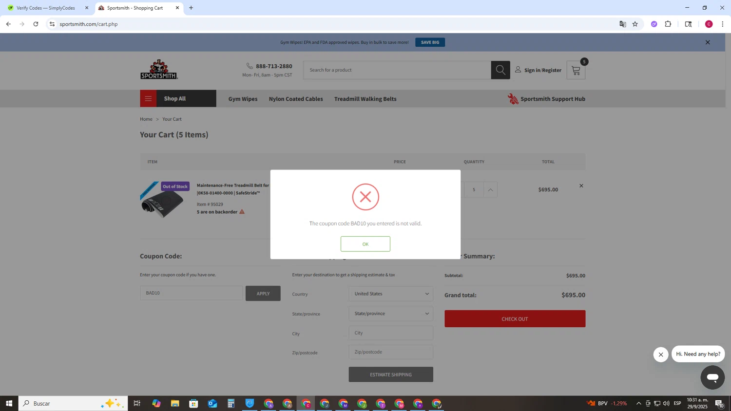 SportSmith coupon code screenshot showing code BAD10 applied at SportSmith checkout page. Uploaded by SimplyCodes community member TOROREX250 on Sep 29, 2025