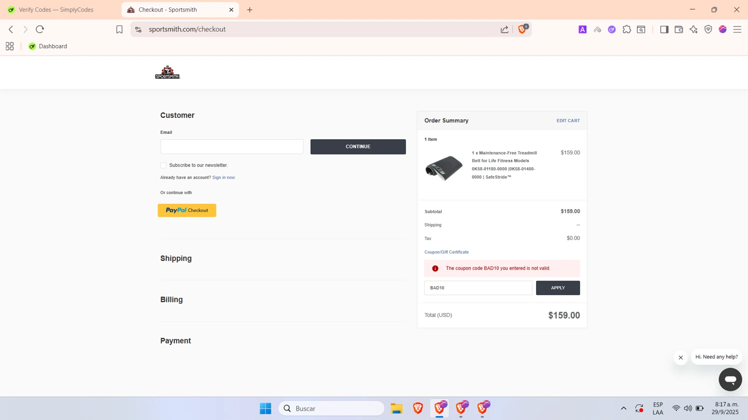 SportSmith coupon code screenshot showing code BAD10 applied at SportSmith checkout page. Uploaded by SimplyCodes community member TokenTitan4464 on Sep 29, 2025