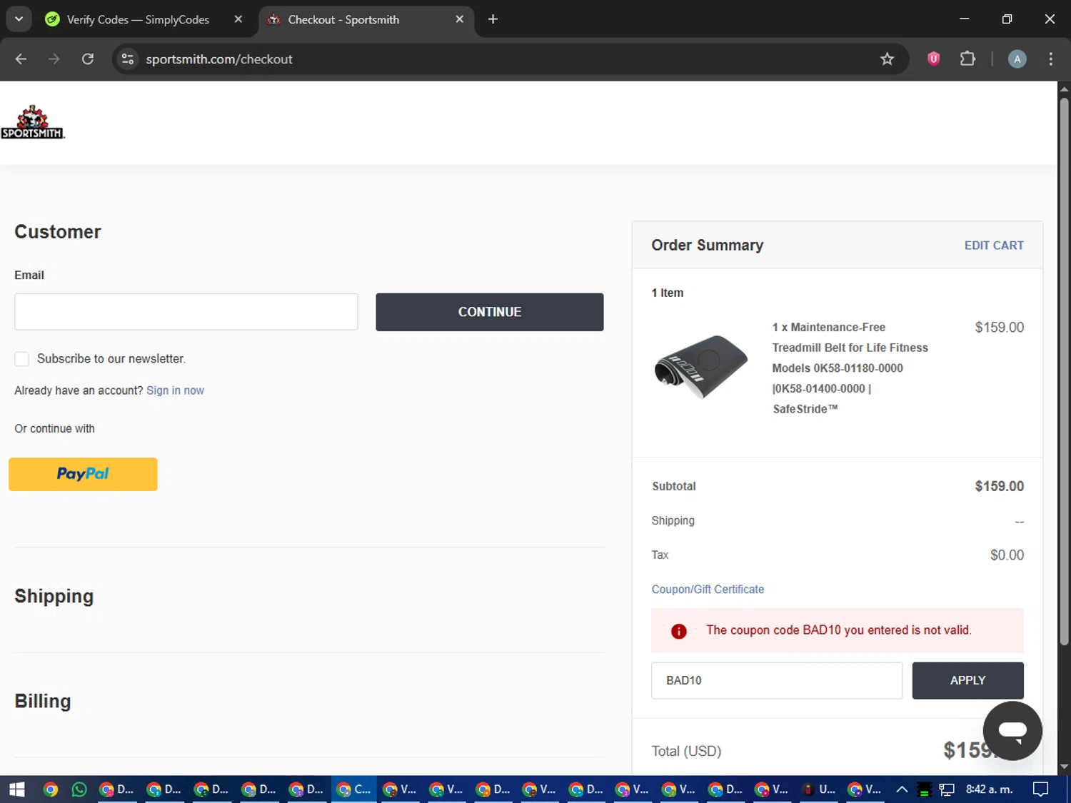 SportSmith coupon code screenshot showing code BAD10 applied at SportSmith checkout page. Uploaded by SimplyCodes community member trippieredd on Sep 29, 2025