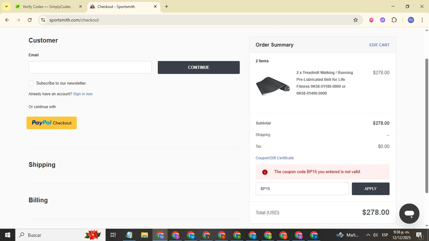 SportSmith coupon code screenshot showing code BP15 applied at SportSmith checkout page. Uploaded by SimplyCodes community member FrugalOwl962 on Dec 13, 2025