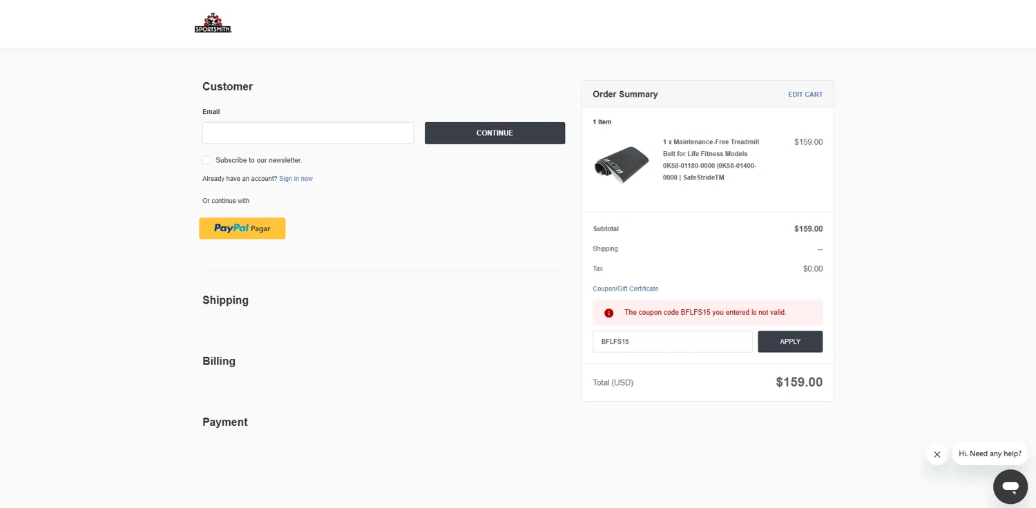 SportSmith coupon code screenshot showing code BFLFS15 applied at SportSmith checkout page. Uploaded by SimplyCodes community member FortunateDefender7285 on Dec 10, 2025