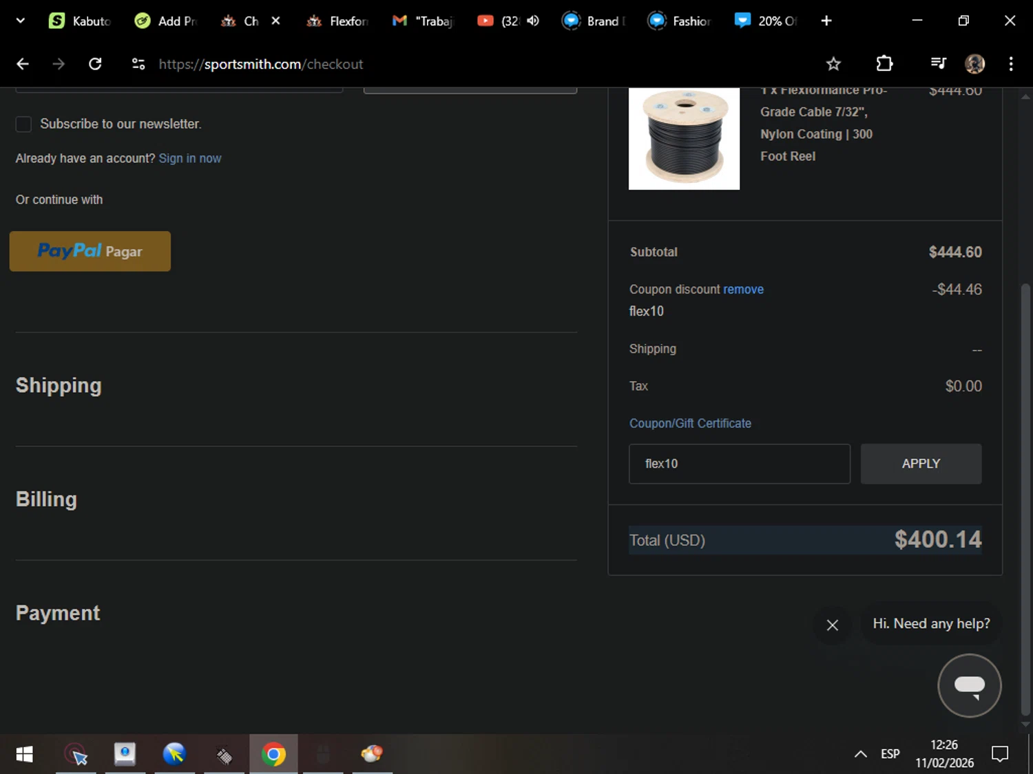 SportSmith coupon code screenshot showing code flex10 applied at SportSmith checkout page. Uploaded by SimplyCodes community member MarcosAranguren on Feb 11, 2026