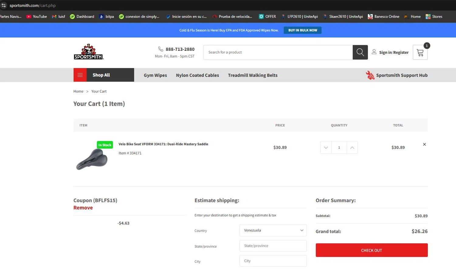 SportSmith coupon code screenshot showing code BFLFS15 applied at SportSmith checkout page. Uploaded by SimplyCodes community member lfppernia on Dec 4, 2025