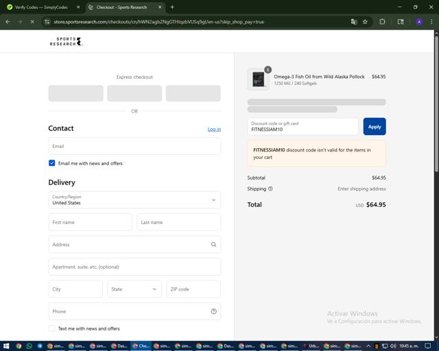 Sports Research checkout page showing Sports Research promo code box | Screenshot taken by SimplyCodes community member on Sep 4, 2025