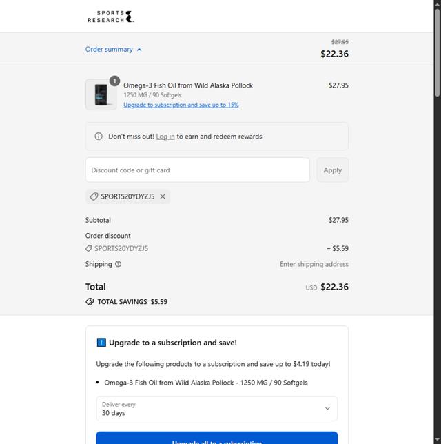 Sports Research checkout page showing Sports Research promo code box | Screenshot taken by SimplyCodes community member on Sep 8, 2025