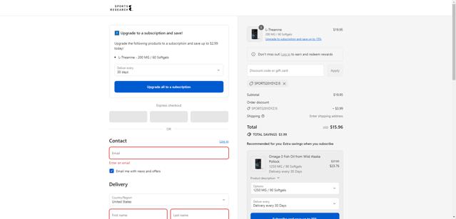 Sports Research checkout page showing Sports Research promo code box | Screenshot taken by SimplyCodes community member on Sep 8, 2025