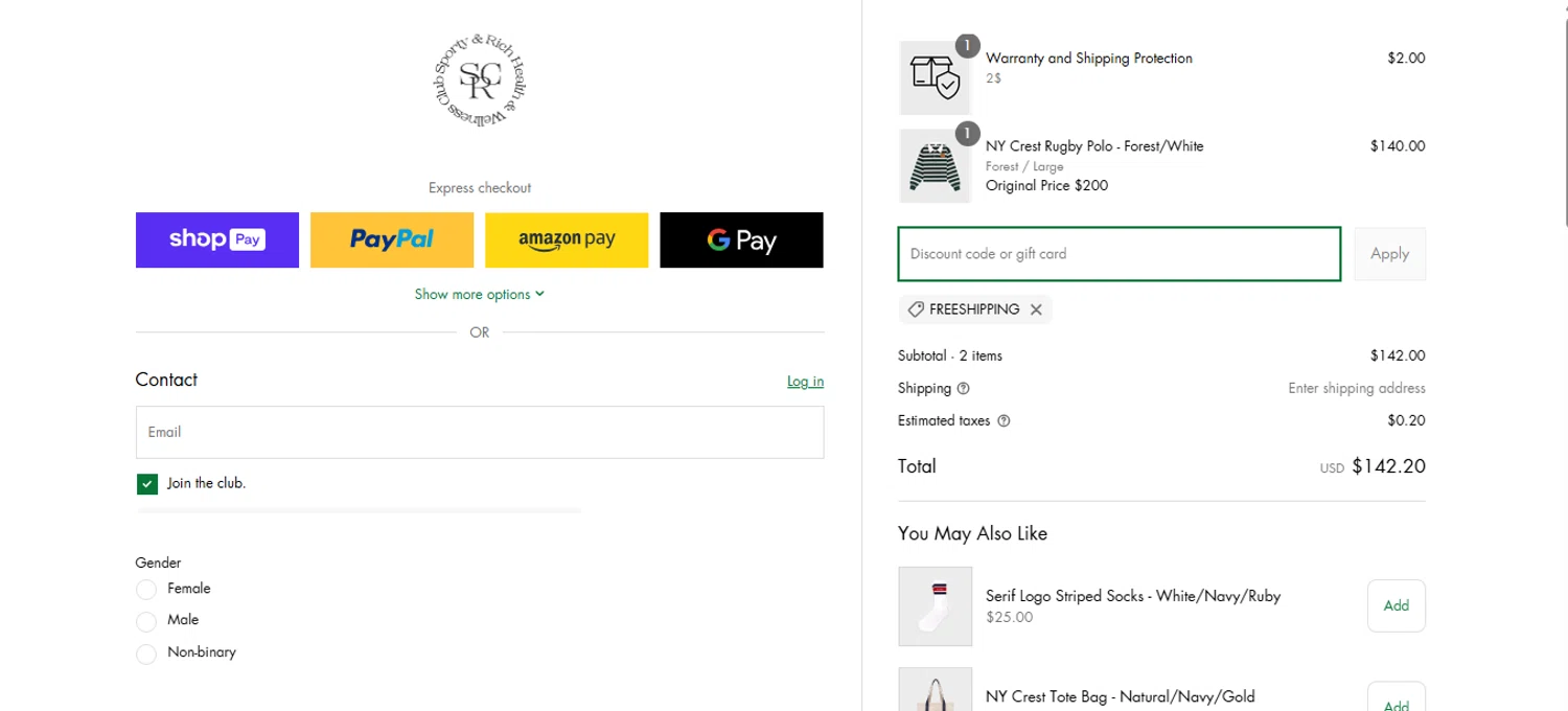 Sporty & Rich promo code screenshot showing code FREESHIPPING applied at Sporty & Rich checkout page. Uploaded by SimplyCodes community member VictoriousFinder8211 on Apr 23, 2025