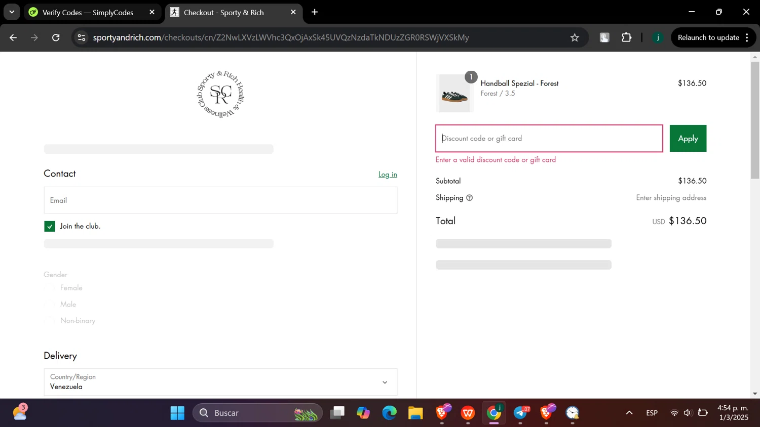 Sporty & Rich promo code screenshot showing code FREESHIPPING applied at Sporty & Rich checkout page. Uploaded by SimplyCodes community member hanzell03 on Mar 1, 2025