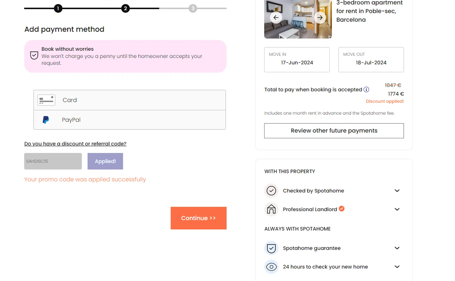 where to use SPOTAHOME ES promo code box