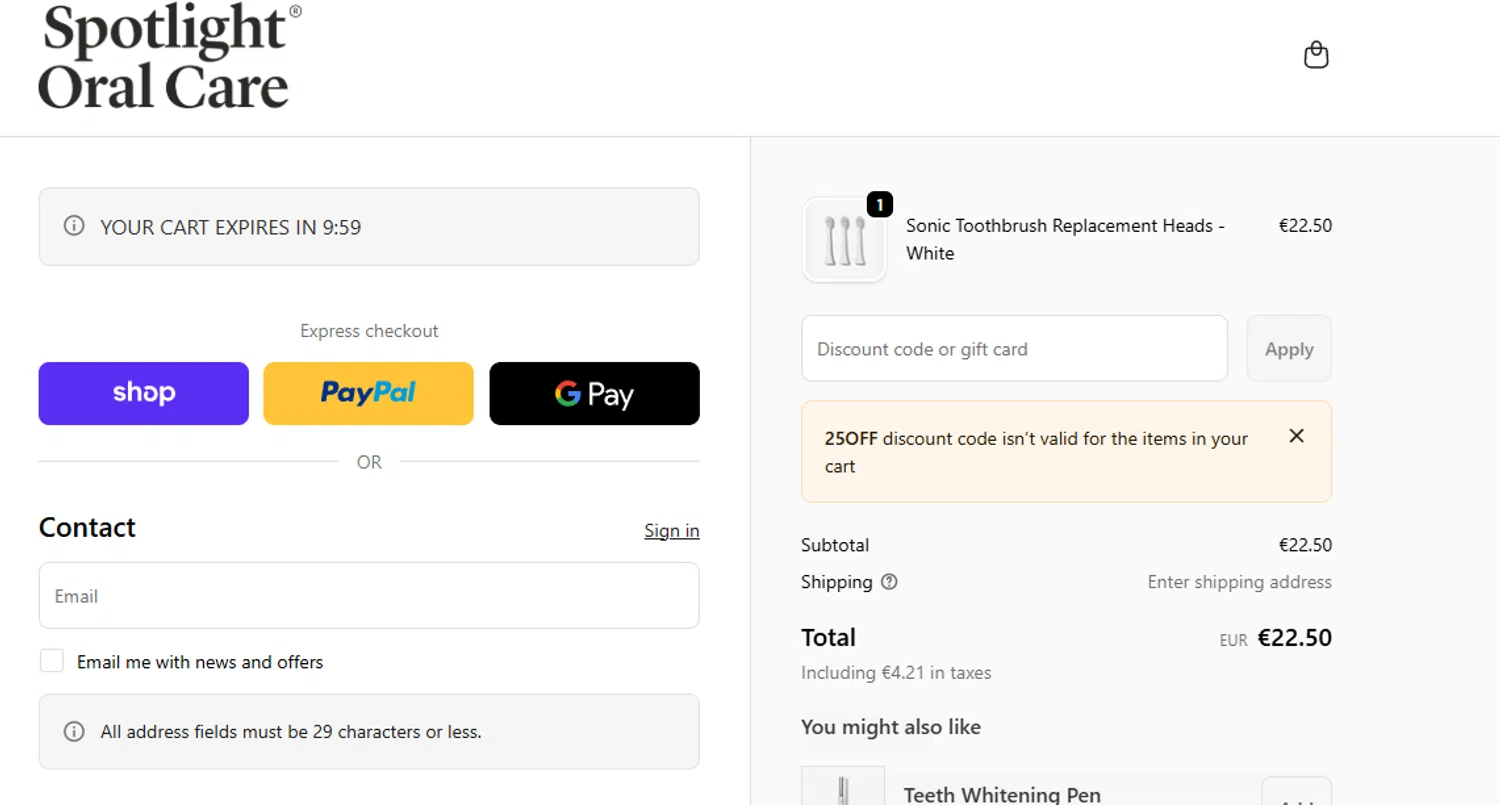 Spotlight Oral Care discount code screenshot showing code 25OFF applied at Spotlight Oral Care checkout page. Uploaded by SimplyCodes community member MoneyMonarch9272 on Dec 25, 2025