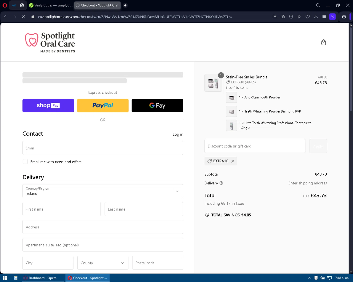 Spotlight Oral Care discount code screenshot showing code extra10 applied at Spotlight Oral Care checkout page. Uploaded by SimplyCodes community member Makunouchi on Feb 22, 2025
