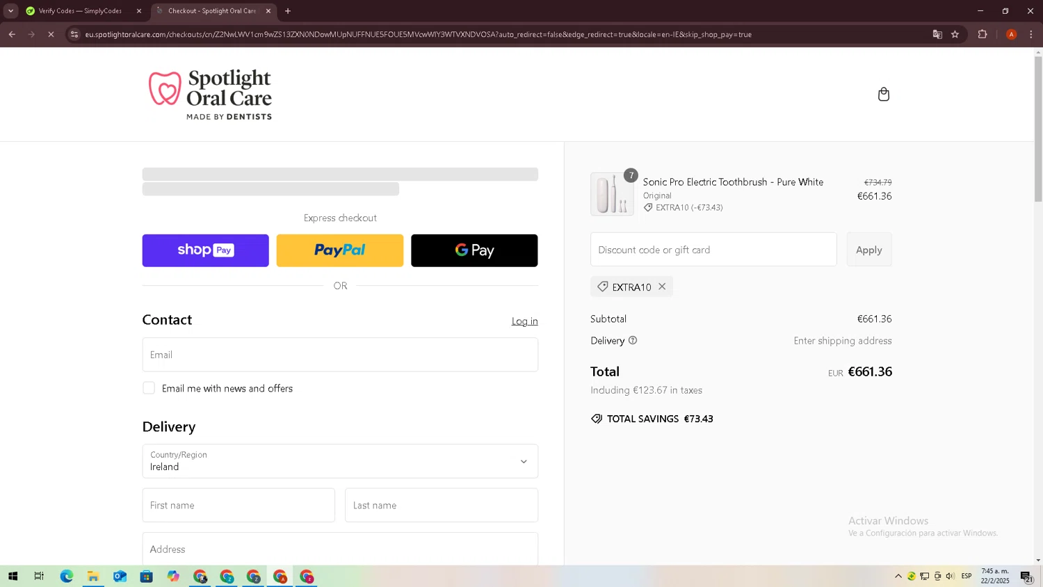 Spotlight Oral Care discount code screenshot showing code extra10 applied at Spotlight Oral Care checkout page. Uploaded by SimplyCodes community member zxxx27 on Feb 22, 2025