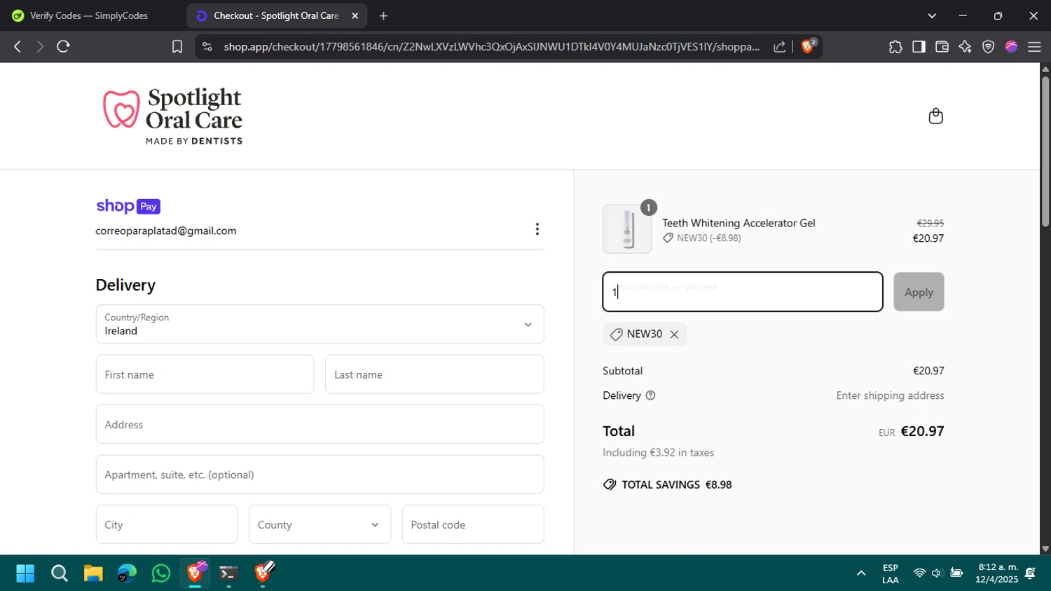 Spotlight Oral Care discount code screenshot showing code NEW30 applied at Spotlight Oral Care checkout page. Uploaded by SimplyCodes community member DanielP on Apr 12, 2025