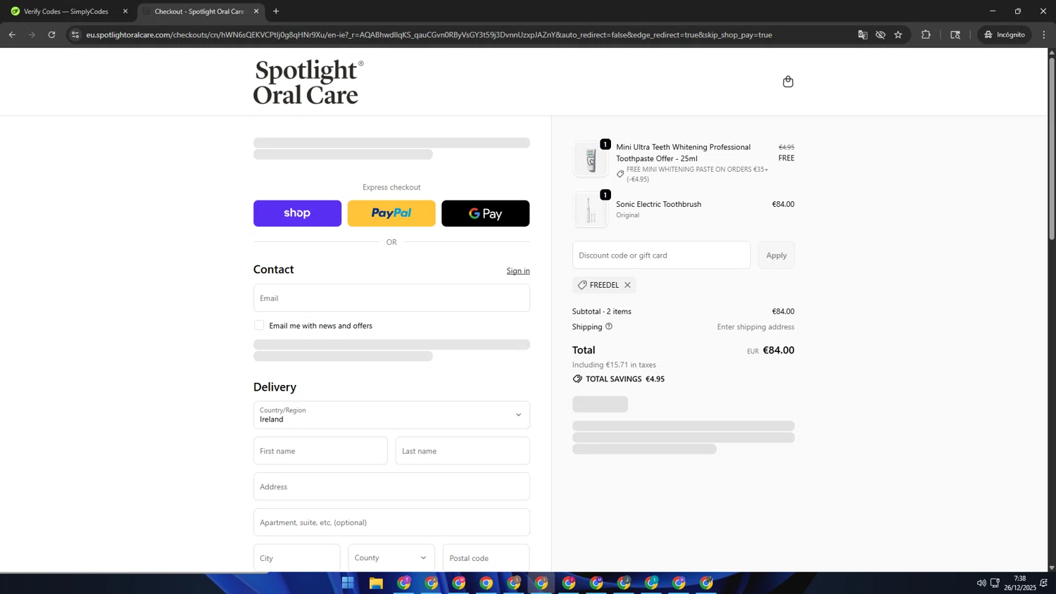 Spotlight Oral Care checkout page showing Spotlight Oral Care discount code box | Screenshot taken by SimplyCodes community member on Dec 26, 2025