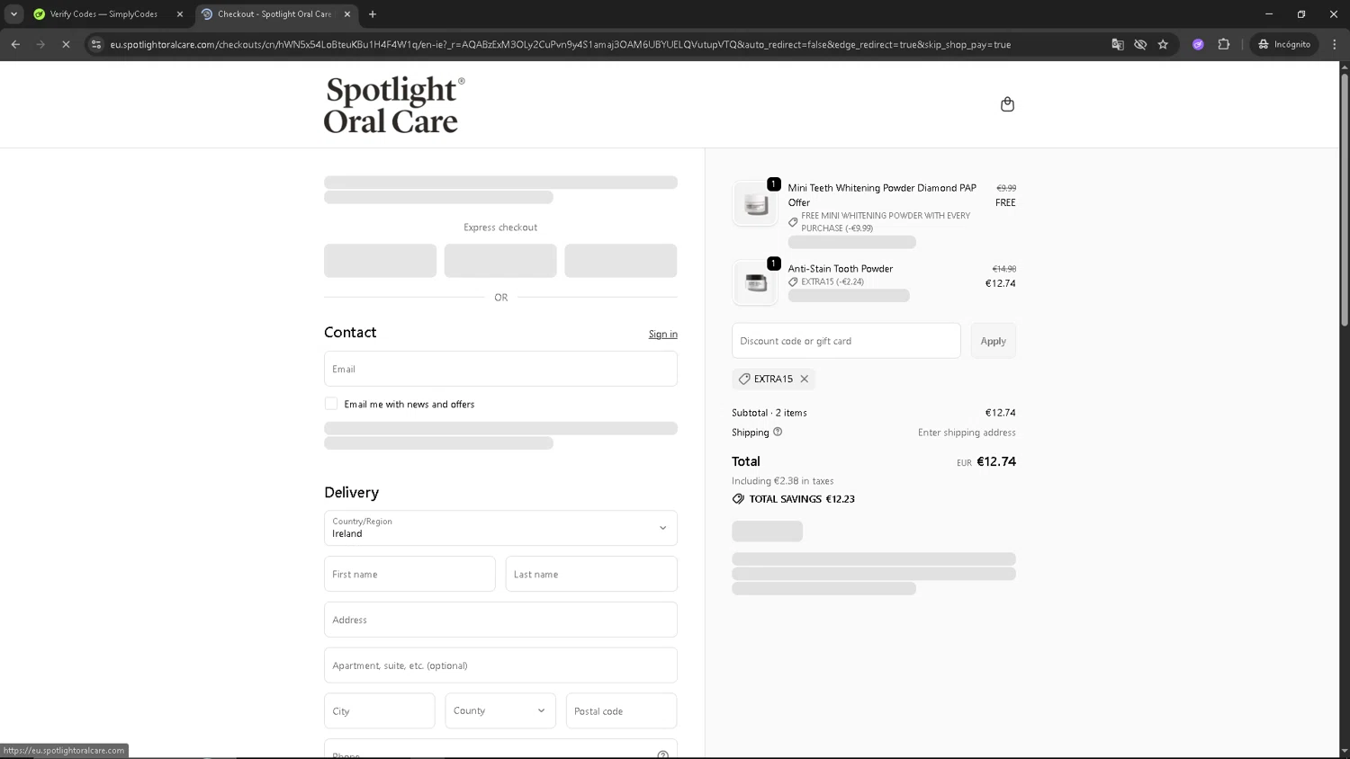 Spotlight Oral Care discount code screenshot showing code EXTRA15 applied at Spotlight Oral Care checkout page. Uploaded by SimplyCodes community member TOROREX250 on Dec 2, 2025