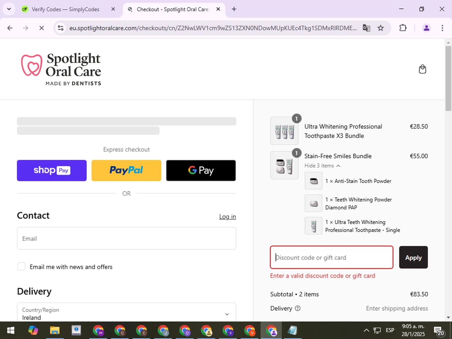 Spotlight Oral Care discount code screenshot showing code EXTRA15 applied at Spotlight Oral Care checkout page. Uploaded by SimplyCodes community member ExtraordinaryPro8536 on Jan 28, 2025