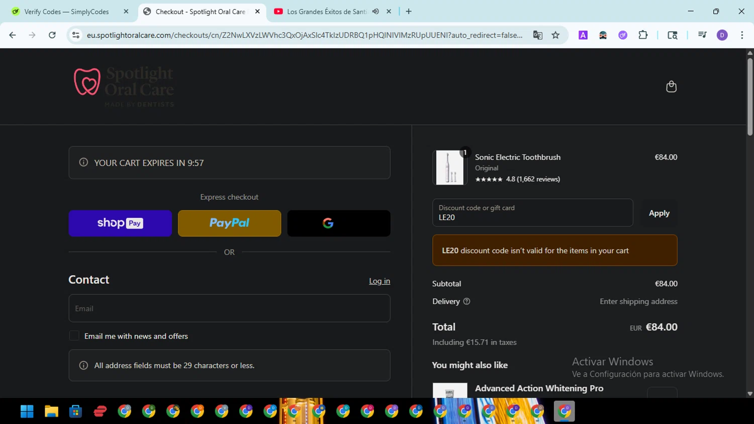 Spotlight Oral Care discount code screenshot showing code LE20 applied at Spotlight Oral Care checkout page. Uploaded by SimplyCodes community member EpicSpotter8045 on May 27, 2025