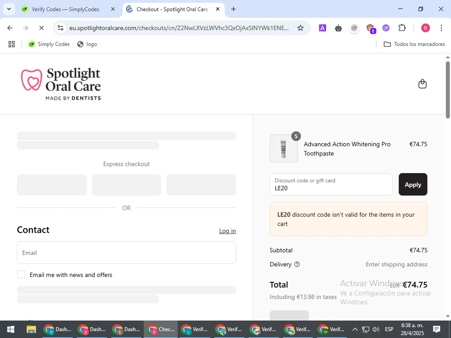 Spotlight Oral Care discount code screenshot showing code LE20 applied at Spotlight Oral Care checkout page. Uploaded by SimplyCodes community member bombontropical on Apr 28, 2025
