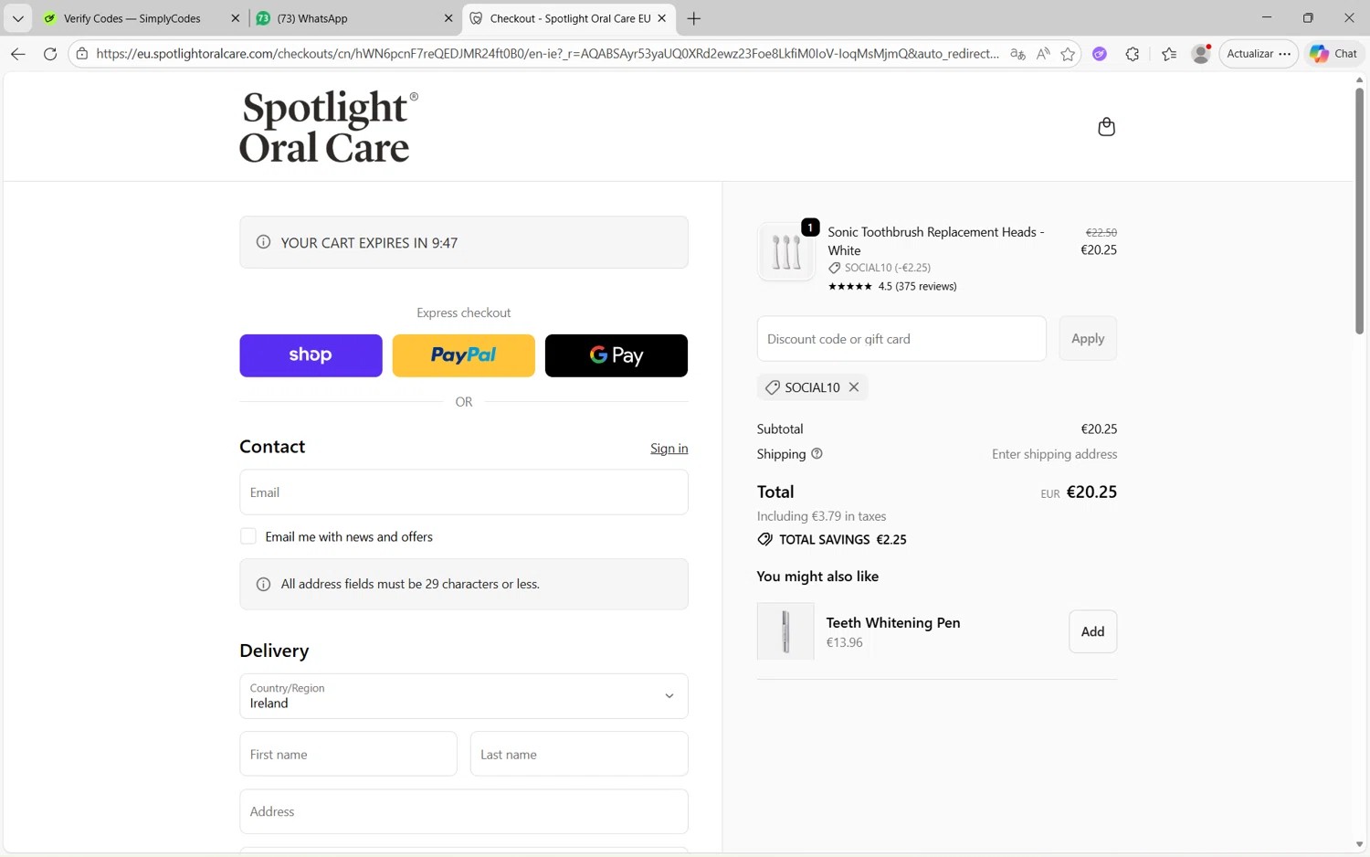 Spotlight Oral Care checkout page showing Spotlight Oral Care discount code box | Screenshot taken by SimplyCodes community member on Dec 25, 2025