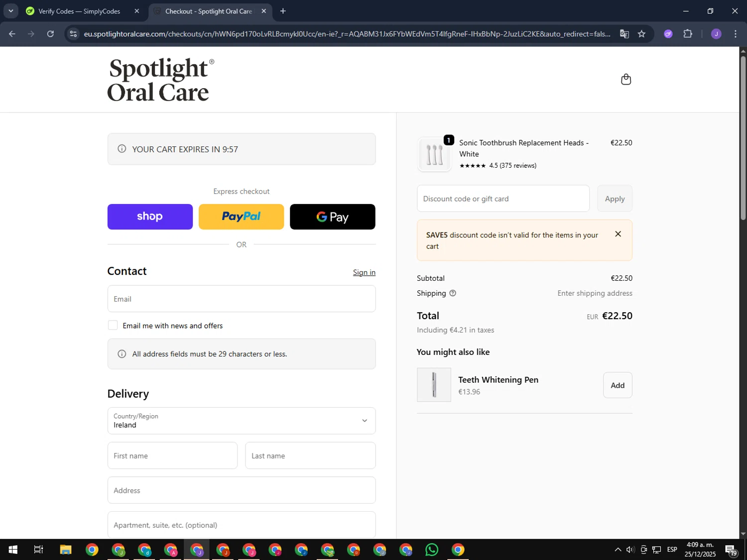 Spotlight Oral Care checkout page showing Spotlight Oral Care discount code box | Screenshot taken by SimplyCodes community member on Dec 25, 2025