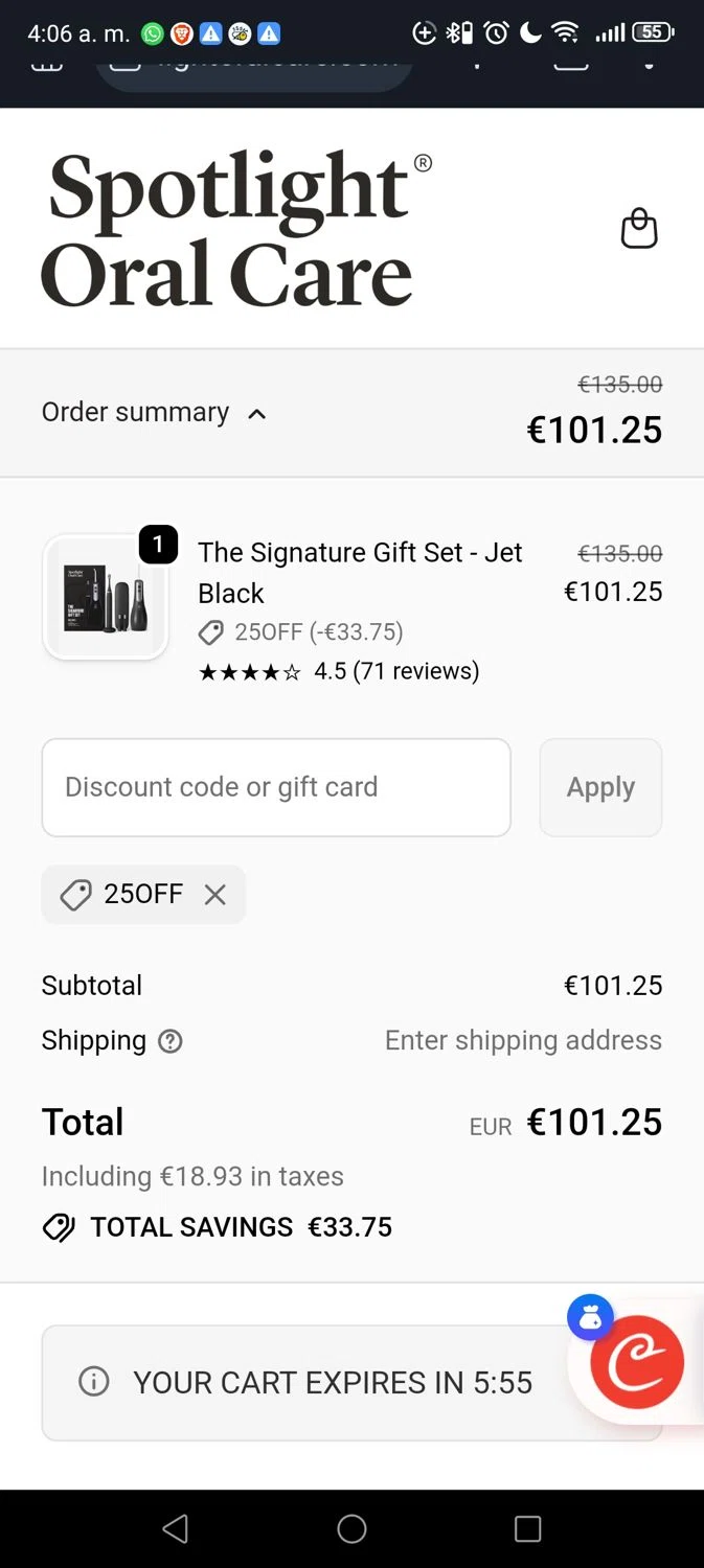 Spotlight Oral Care discount code screenshot showing code 25OFF applied at Spotlight Oral Care checkout page. Uploaded by SimplyCodes community member Georg3 on Dec 25, 2025