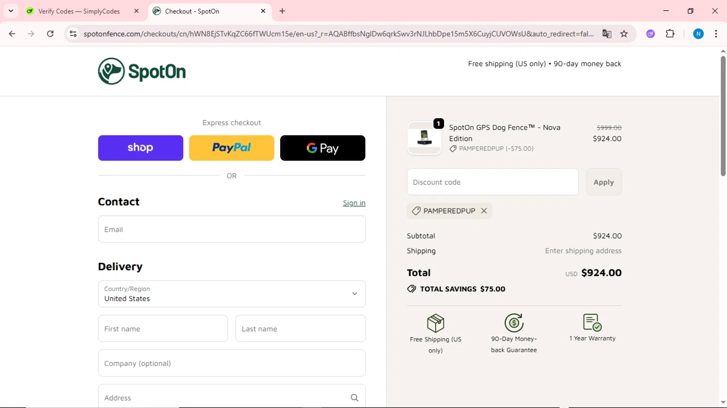 SpotOn promo code screenshot showing code PAMPEREDPUP applied at SpotOn checkout page. Uploaded by SimplyCodes community member QuestOwl6398 on Jan 31, 2026