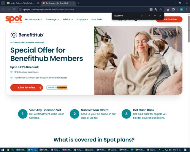 Spot Pet Insurance checkout page showing Spot Pet Insurance discount code box | Screenshot taken by SimplyCodes community member on Mar 11, 2025