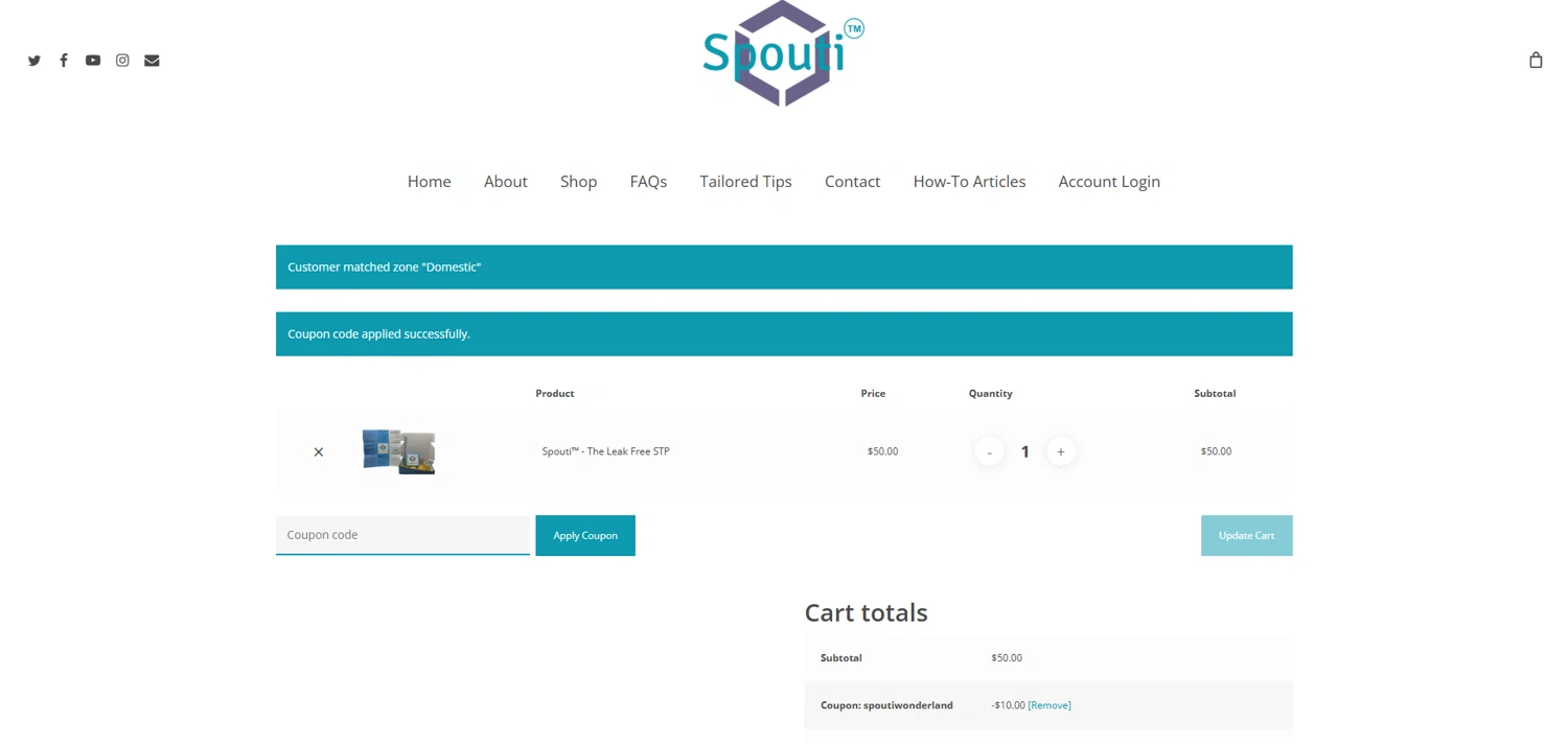 Spouti promo code screenshot showing code SPOUTIWONDERLAND applied at Spouti checkout page. Uploaded by SimplyCodes community member ivantorres on Dec 29, 2025