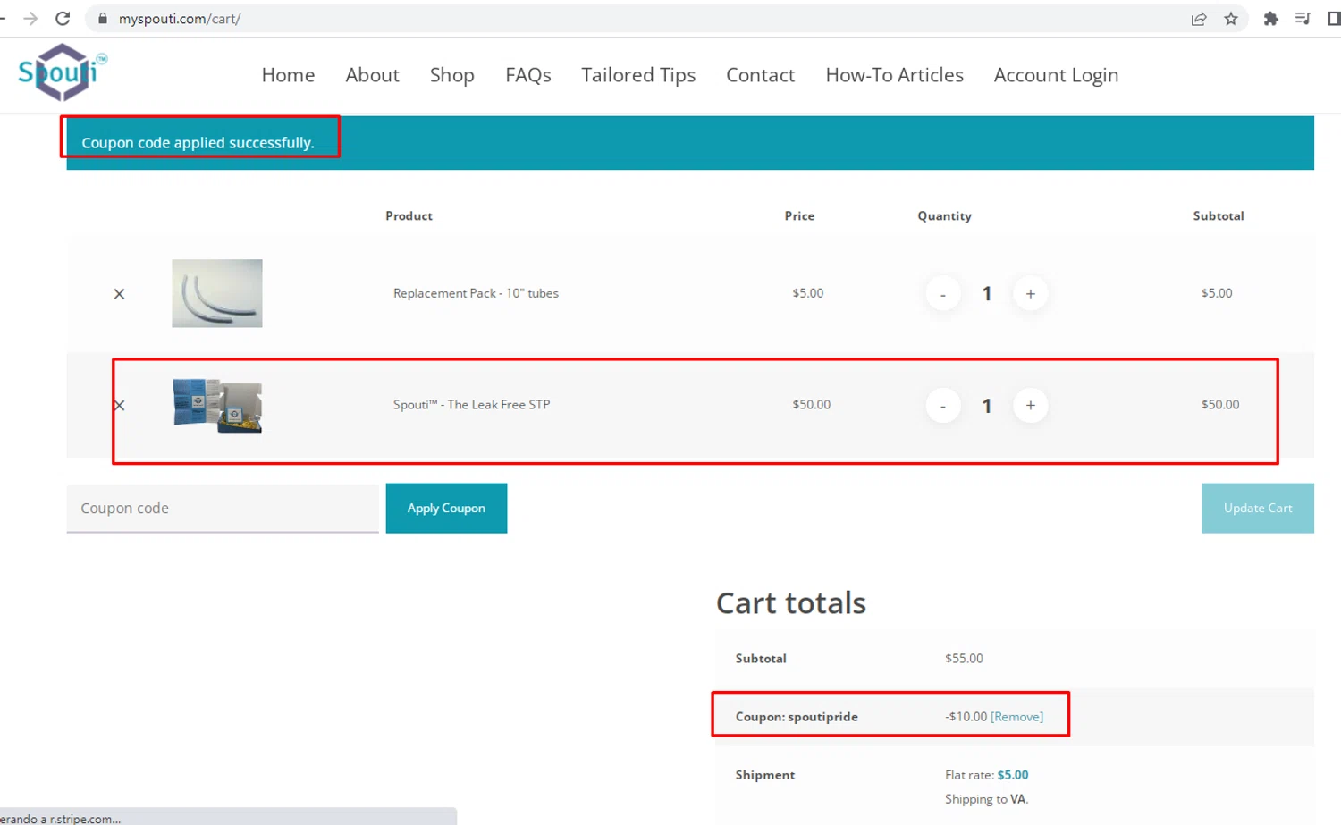 Spouti promo code screenshot showing code SPOUTIPRIDE applied at Spouti checkout page. Uploaded by SimplyCodes community member nileskamarcano on Jun 17, 2026