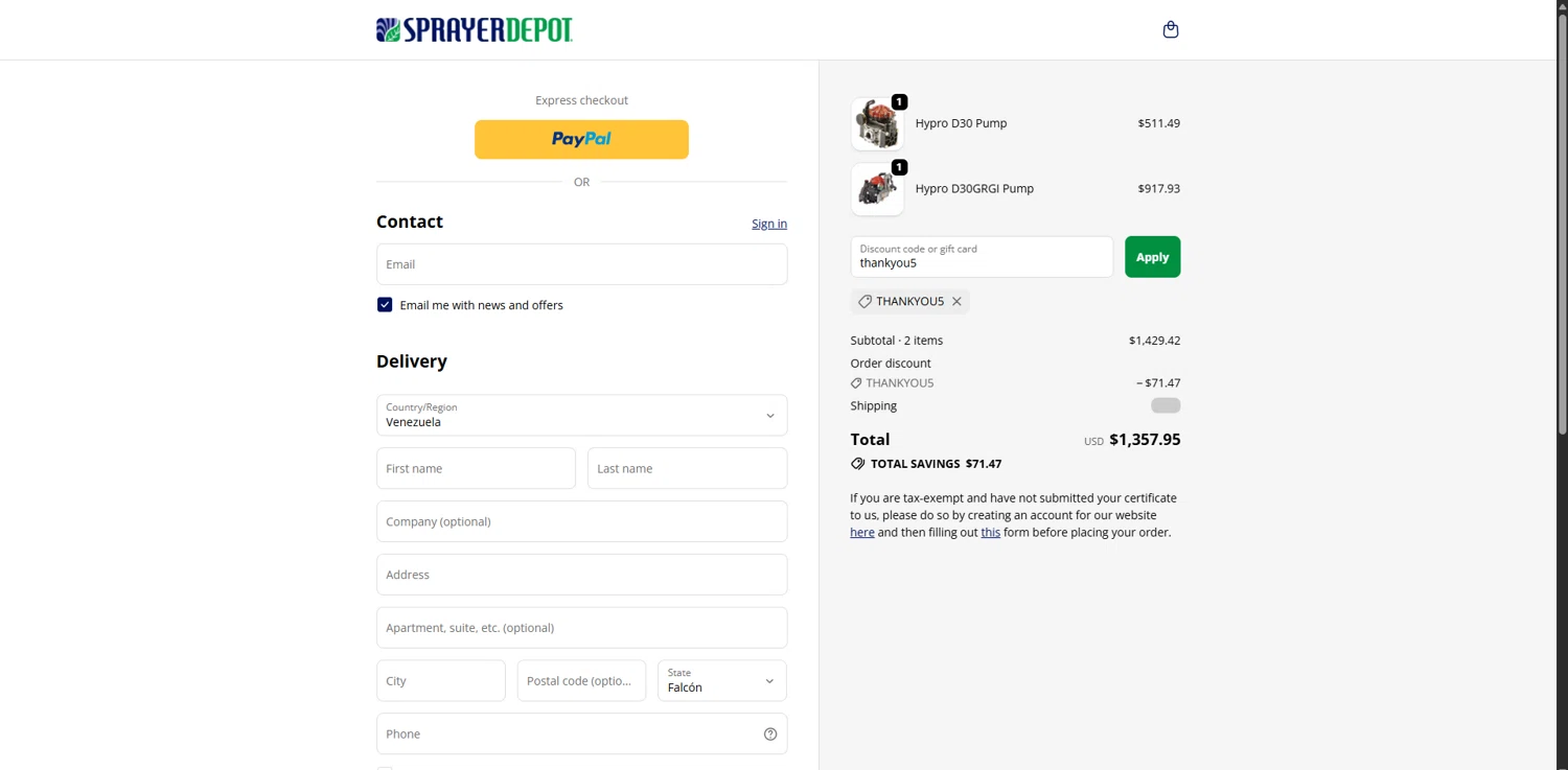Sprayer Depot discount code screenshot showing code thankyou5 applied at Sprayer Depot checkout page. Uploaded by SimplyCodes community member FortunateDefender7285 on Oct 28, 2025