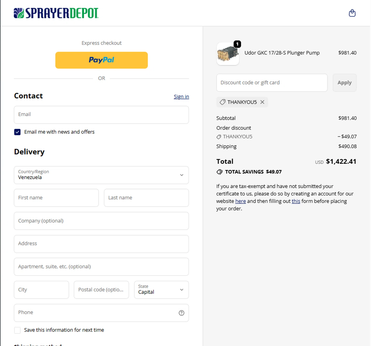 Sprayer Depot discount code screenshot showing code thankyou5 applied at Sprayer Depot checkout page. Uploaded by SimplyCodes community member La_Cara_Mia on Oct 7, 2025