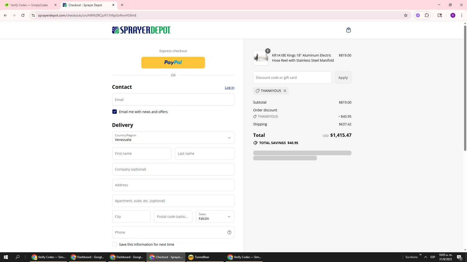 Sprayer Depot discount code screenshot showing code thankyou5 applied at Sprayer Depot checkout page. Uploaded by SimplyCodes community member ukemochi on Aug 31, 2025