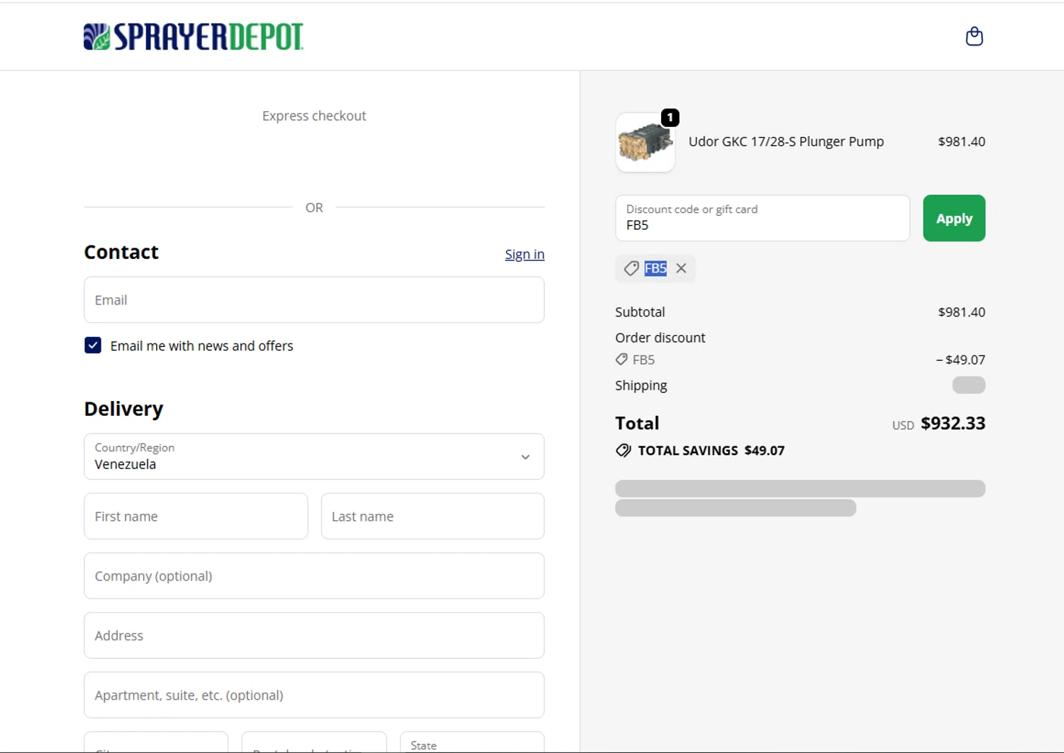 Sprayer Depot discount code screenshot showing code FB5 applied at Sprayer Depot checkout page. Uploaded by SimplyCodes community member Marboroooooooooooo on Nov 10, 2025