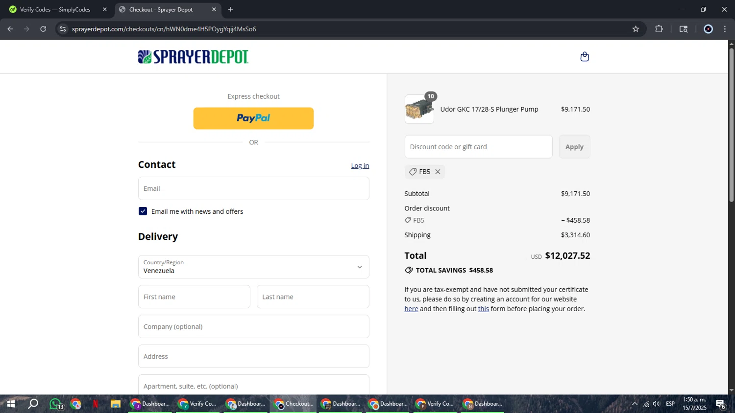 Sprayer Depot discount code screenshot showing code FB5 applied at Sprayer Depot checkout page. Uploaded by SimplyCodes community member RoyalBoss4384 on Jul 15, 2025