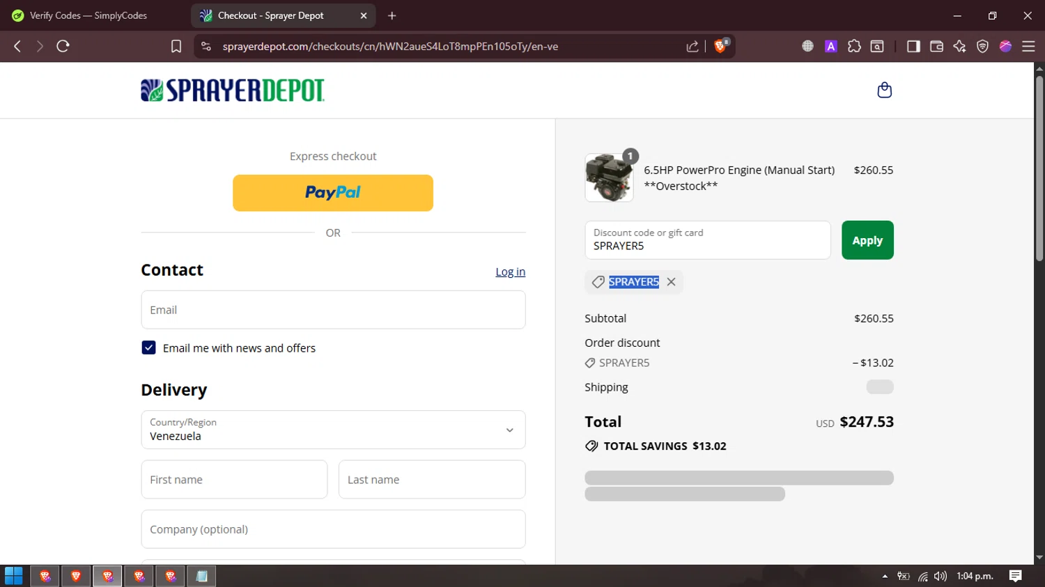 Sprayer Depot discount code screenshot showing code SPRAYER5 applied at Sprayer Depot checkout page. Uploaded by SimplyCodes community member FrugalMaverick6013 on Sep 4, 2025