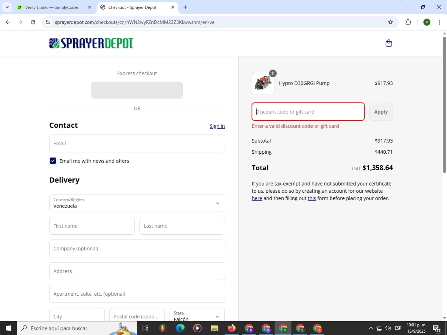 Sprayer Depot discount code screenshot showing code LABORDAY25 applied at Sprayer Depot checkout page. Uploaded by SimplyCodes community member PrimeWizard4168 on Sep 14, 2025