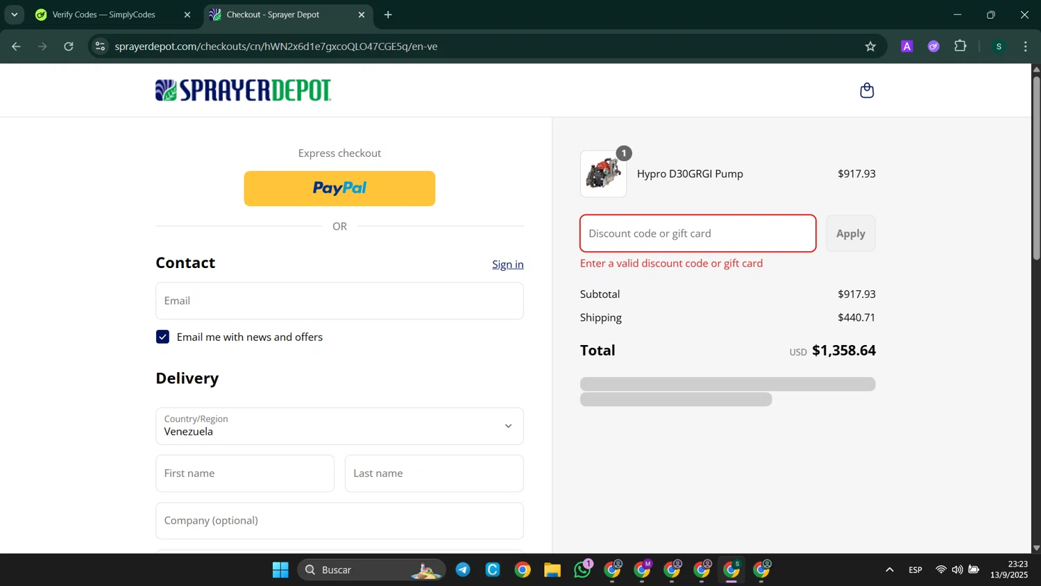 Sprayer Depot discount code screenshot showing code LABORDAY25 applied at Sprayer Depot checkout page. Uploaded by SimplyCodes community member SaleHunter9008 on Sep 14, 2025