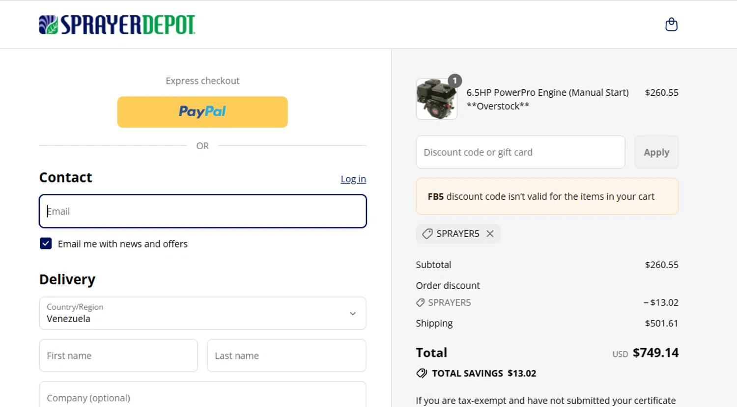 Sprayer Depot discount code screenshot showing code SPRAYER5 applied at Sprayer Depot checkout page. Uploaded by SimplyCodes community member yeresojperez on Aug 8, 2025