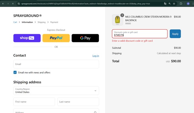 Sprayground checkout page showing Sprayground discount code box | Screenshot taken by SimplyCodes community member on Aug 10, 2025