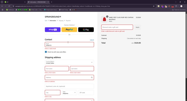Sprayground checkout page showing Sprayground discount code box | Screenshot taken by SimplyCodes community member on Jul 20, 2025