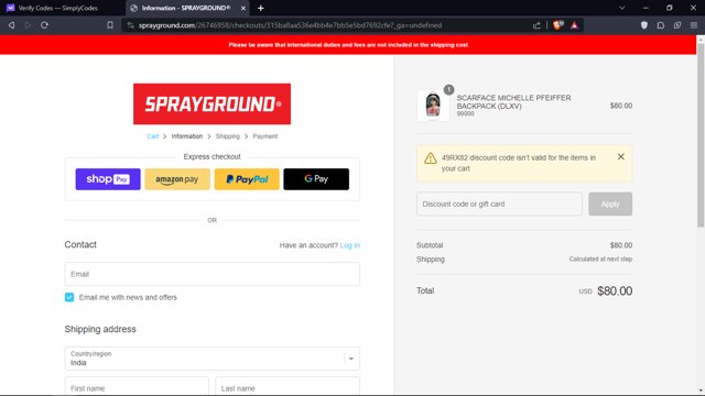 Sprayground checkout page showing Sprayground discount code box | Screenshot taken by SimplyCodes community member on Jan 20, 2024