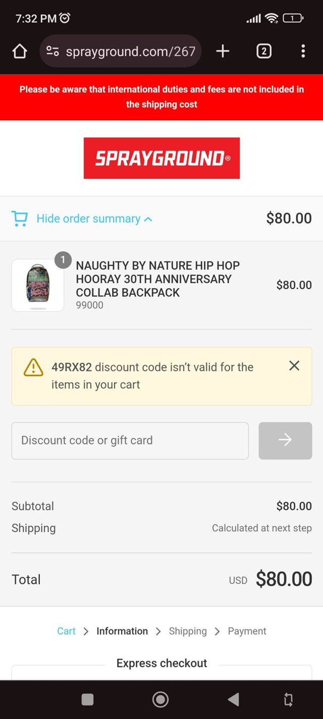 Sprayground checkout page showing Sprayground discount code box | Screenshot taken by SimplyCodes community member on Nov 22, 2023